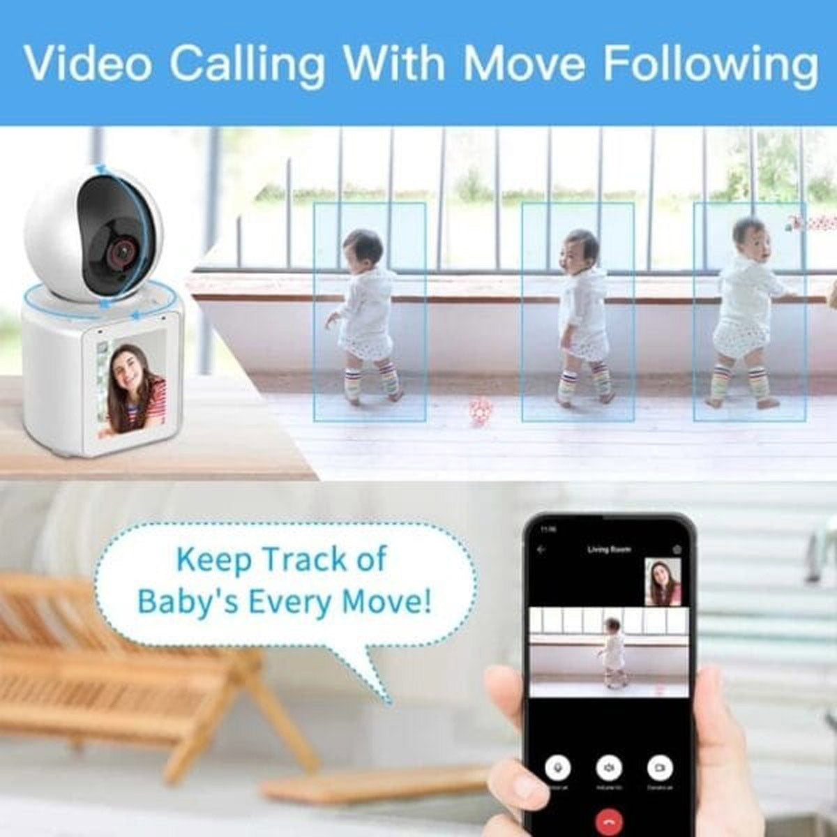 CRONY C30+ Video Calling Camera 2K WIFI Smart Home Security Camera with 1080P Display Real Time Intercom Two Way Audio Night Vision for Baby Monitor and Elderly Care