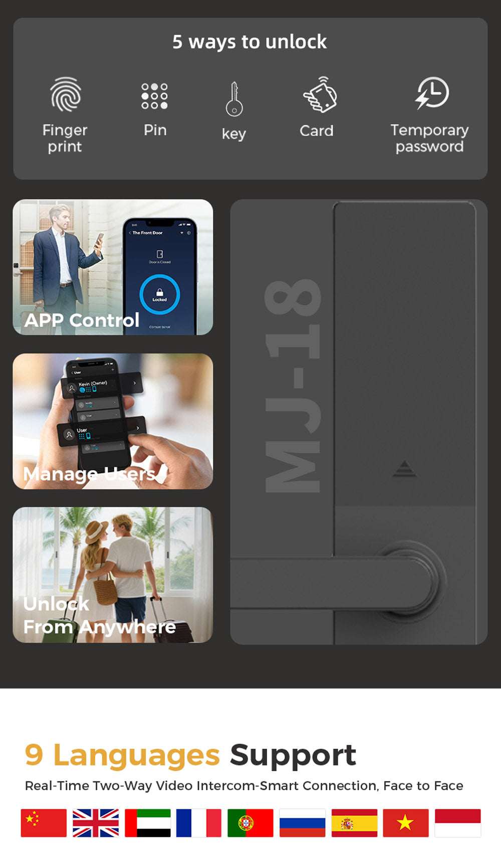 MJ-18 Smart Door Lock WiFi/Bluetooth Fingerprint IC Card Password Keyless Entry Digital Door Lock with Tuya/TT Lock App for Home Office