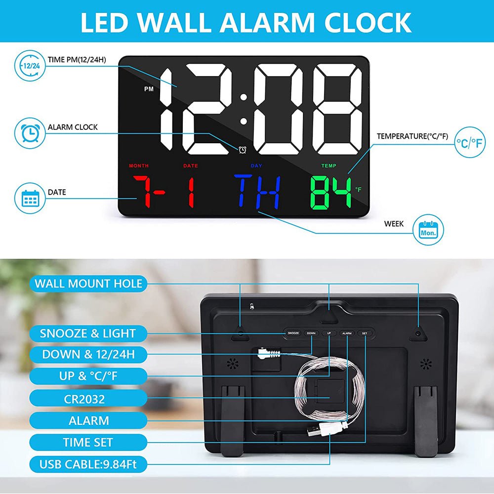 CRONY 717 White words wall clock Digital Clock Large Display 11.4" Digital Calendar Alarm Day Clock with Wireless Remote Control
