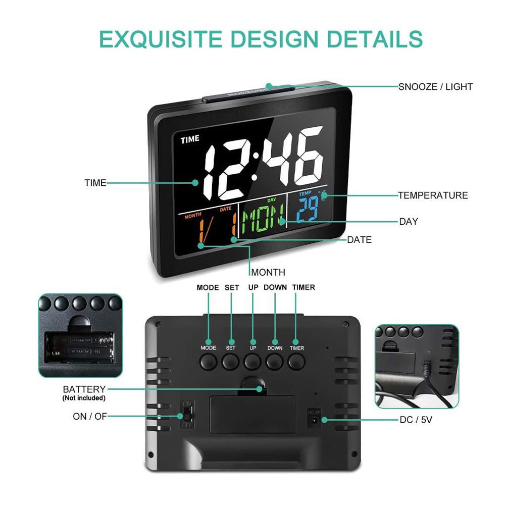 CRONY GH-2000 Color Electronic Clock Bedside Large Screen LED Alarm Clock with Date, Temperature | White