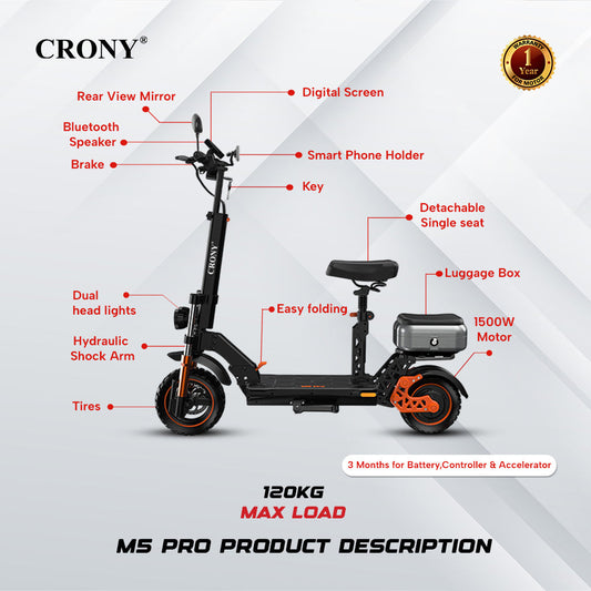 CRONY M5 Pro High-Speed Electric Scooter 10-Inch Wide Tires Waterproof App Connectivity