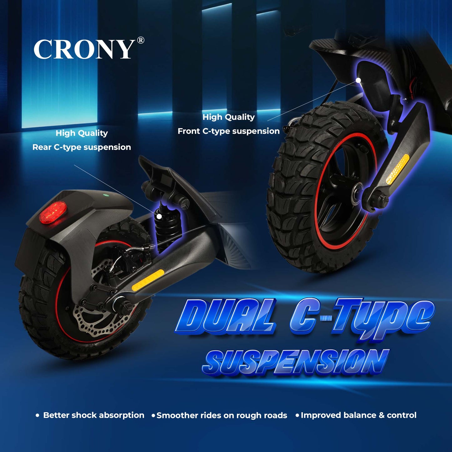 CRONY T2 Electric Scooter for Adults Range Front and Rear Suspension E Bike with APP
