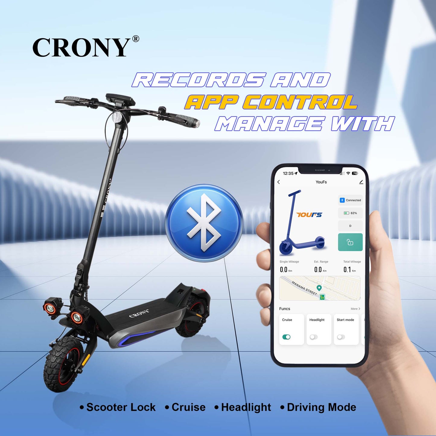 CRONY T2 Electric Scooter for Adults Range Front and Rear Suspension E Bike with APP
