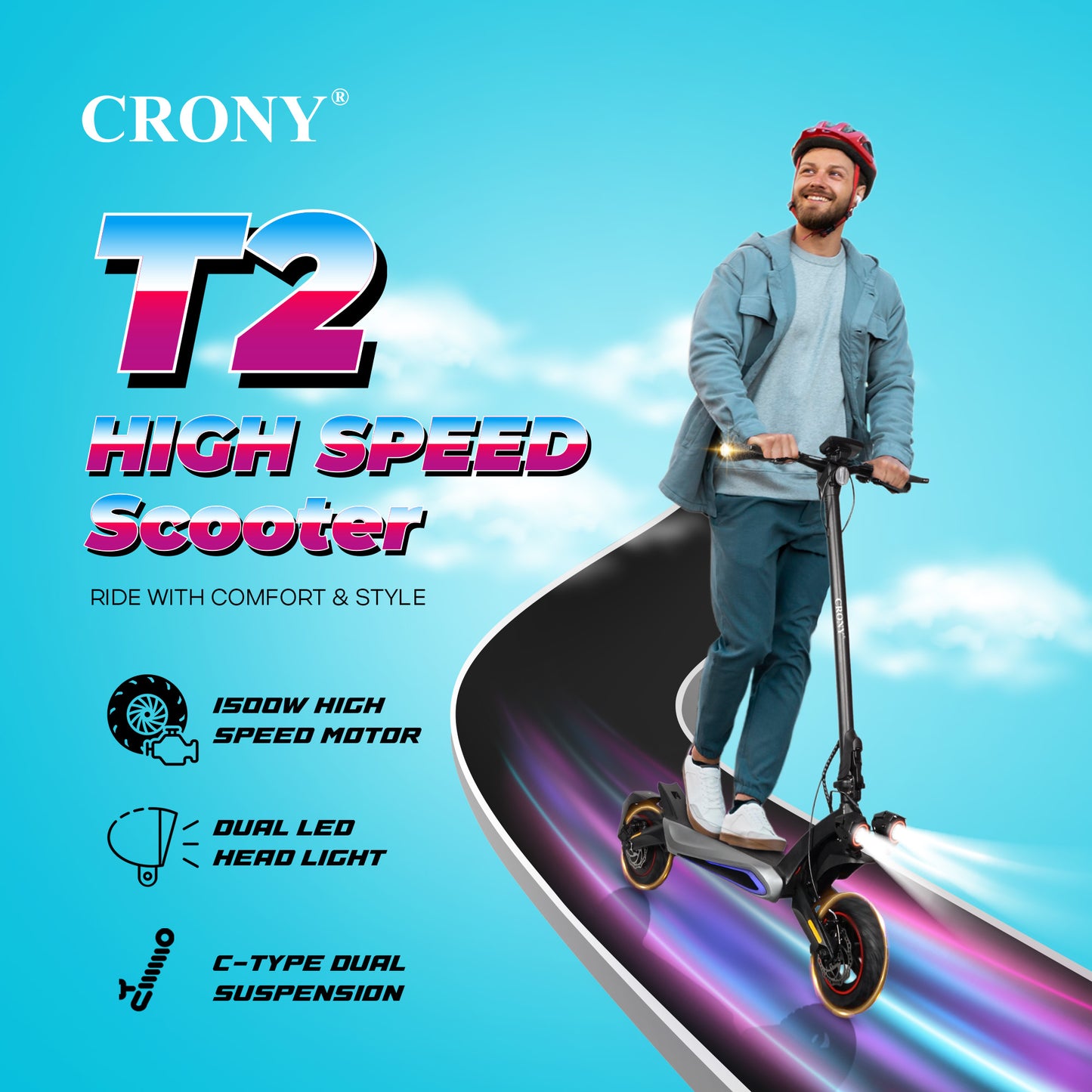 CRONY T2 Electric Scooter for Adults Range Front and Rear Suspension E Bike with APP