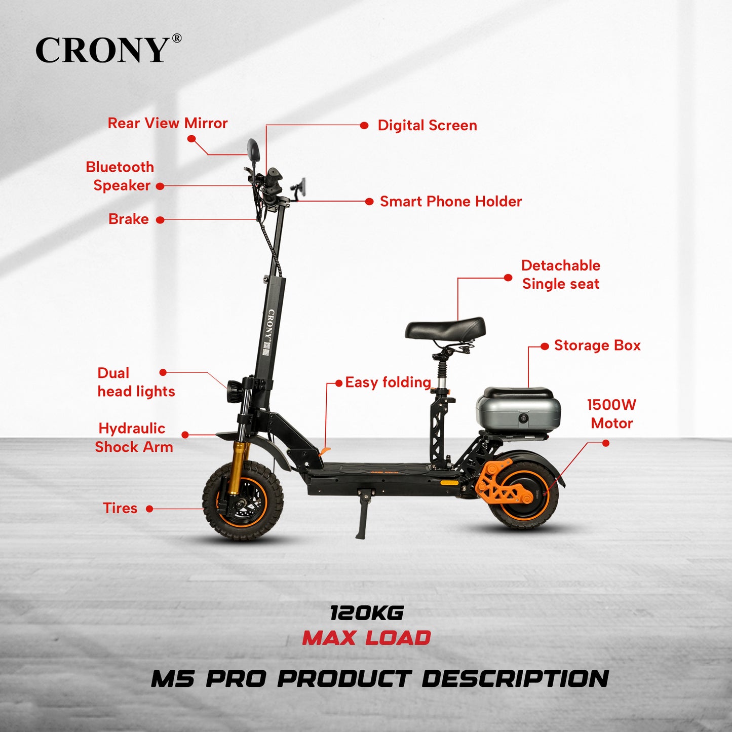 CRONY M5 Pro High-Speed Electric Scooter 10-Inch Wide Tires Waterproof App Connectivity
