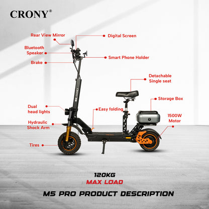CRONY M5 Pro High-Speed Electric Scooter 10-Inch Wide Tires Waterproof App Connectivity