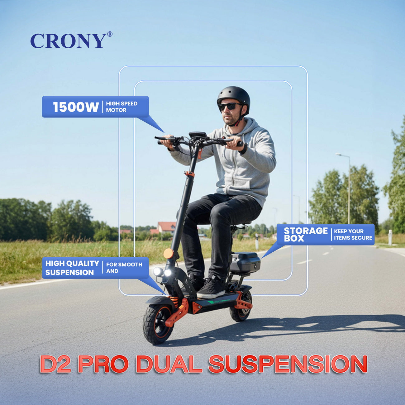 CRONY D2 Pro Electric Scooter Dual Suspension Aluminum Frame LCD Display Bluetooth APP Folding Adult E Scooter