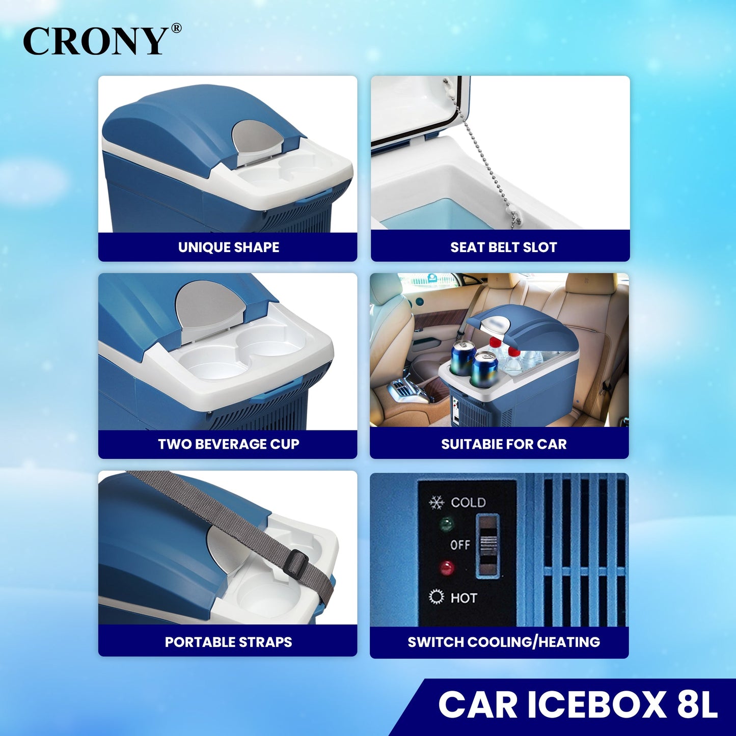 CRONY Car Icebox 8L Low Noise Compact Refrigerators Mini Fridge Portable Cooler Car Refrigerator