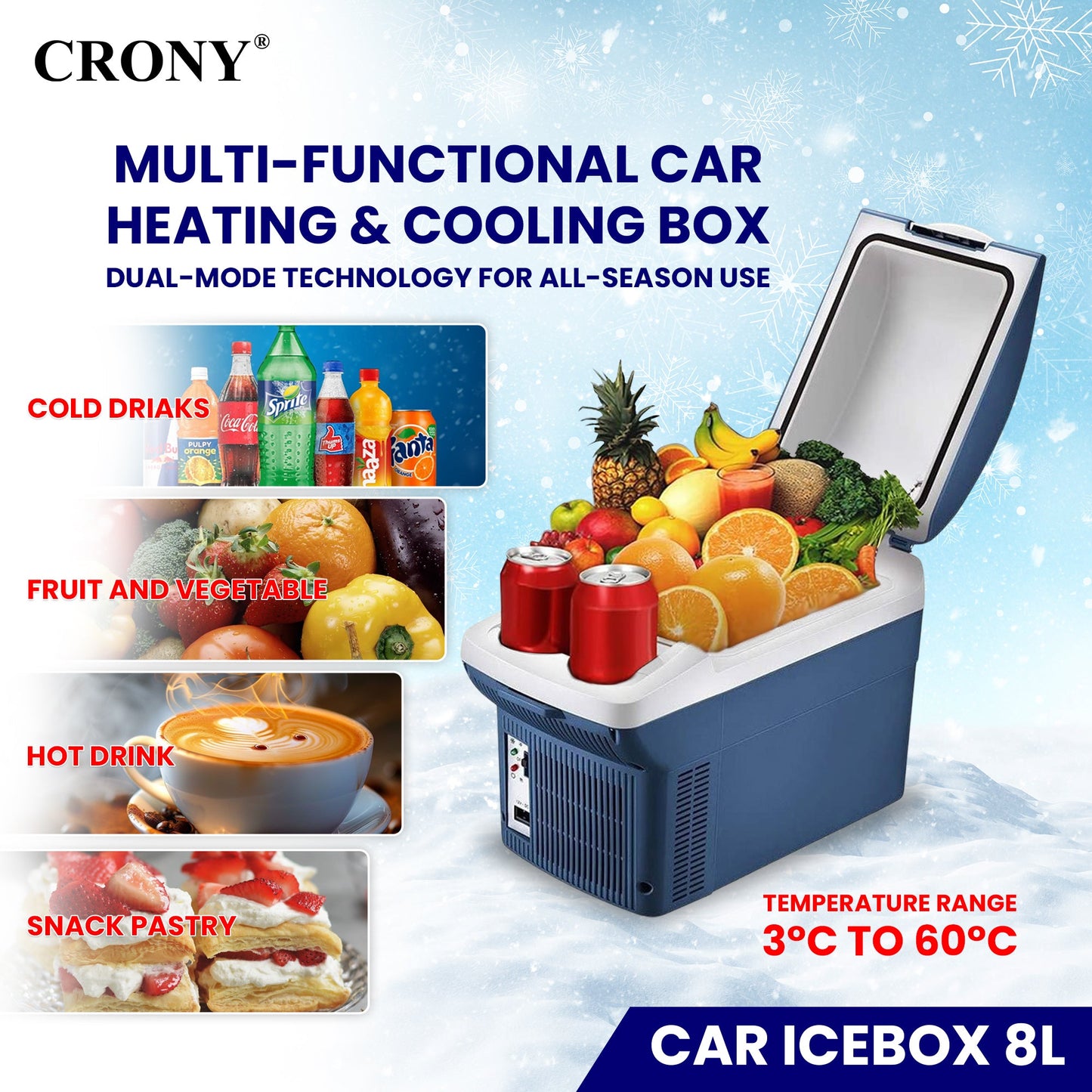 CRONY Car Icebox 8L Low Noise Compact Refrigerators Mini Fridge Portable Cooler Car Refrigerator