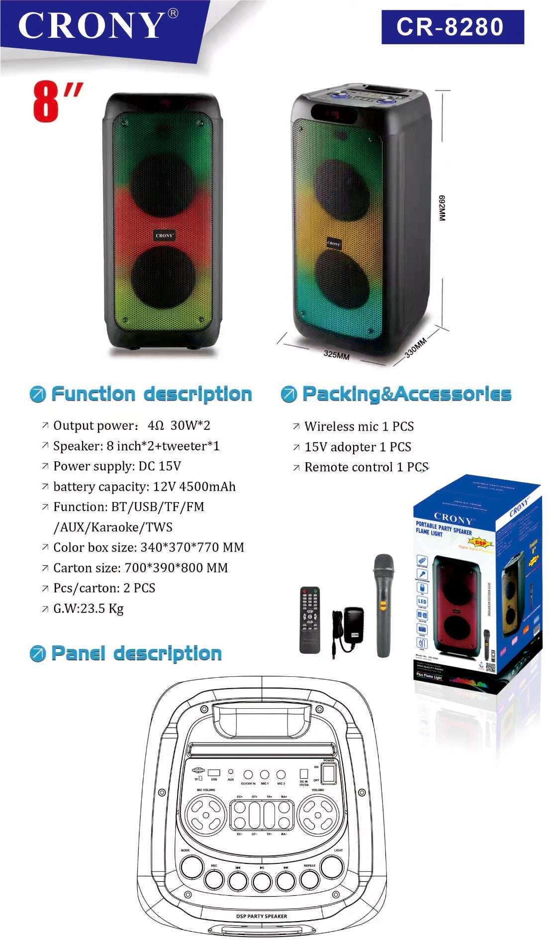 CRONY RX-8280 CR-8280 Speaker 8 inch portable speaker trolley and battery Big power dj bass speakers active professional outdoor Speaker