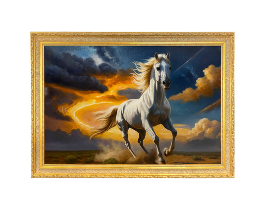 Heavy European style golden wood grain frame and real-life handmade oil painting - horse painting