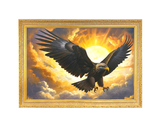 Heavy European style golden wood grain frame and real-life handmade oil painting - Flying Eagle