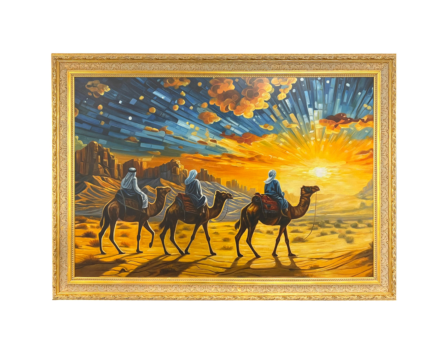 Heavy European style golden wood grain frame and real handmade oil painting - sunrise