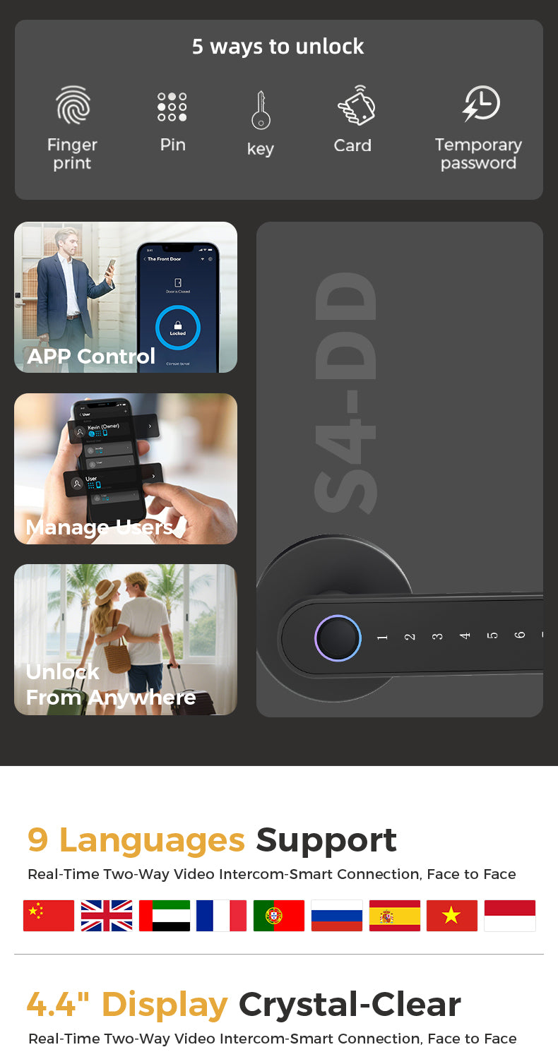 MJ-S4-DD Smart Door Lock Bluetooth Fingerprint IC Card Password Keyless Entry Digital Door Lock with Tuya/TT Lock App for Home