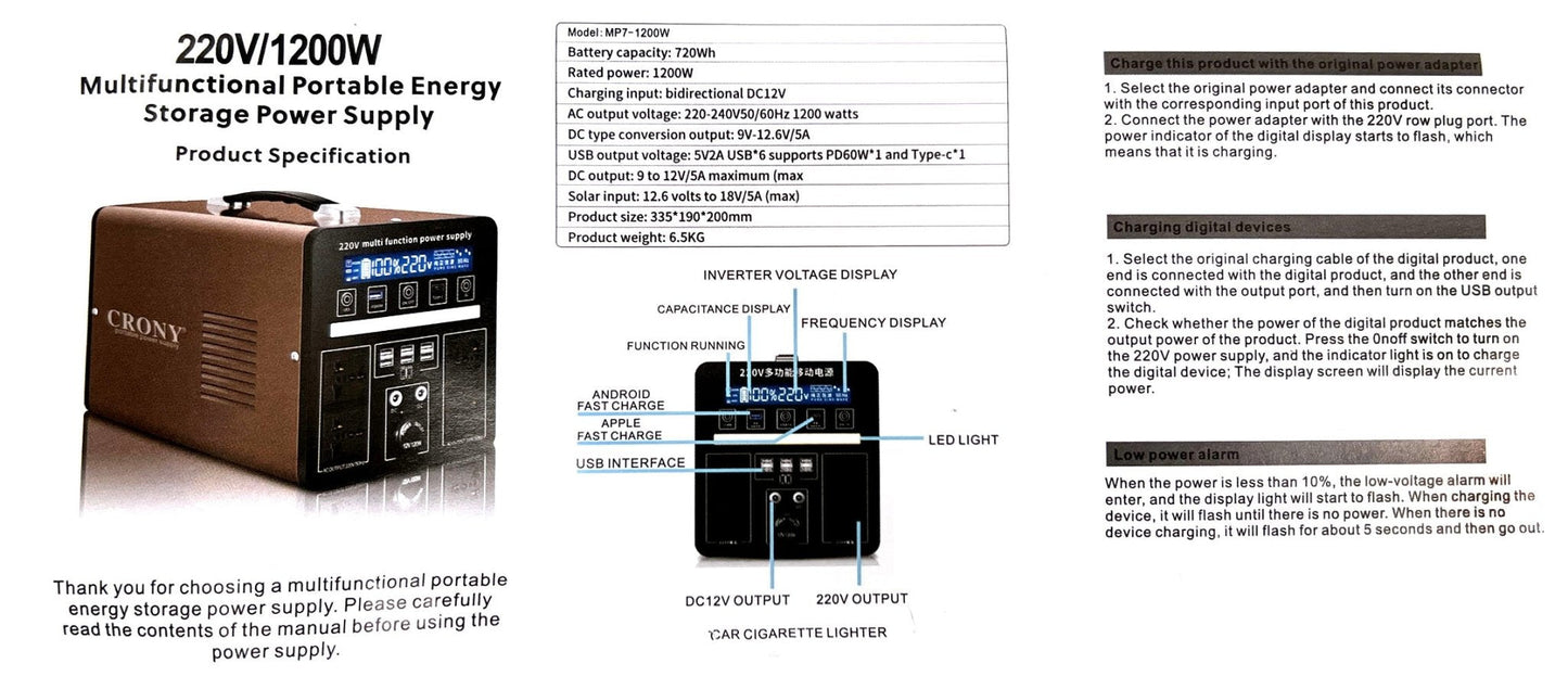 CRONY MP7-1200W Portable Power Station