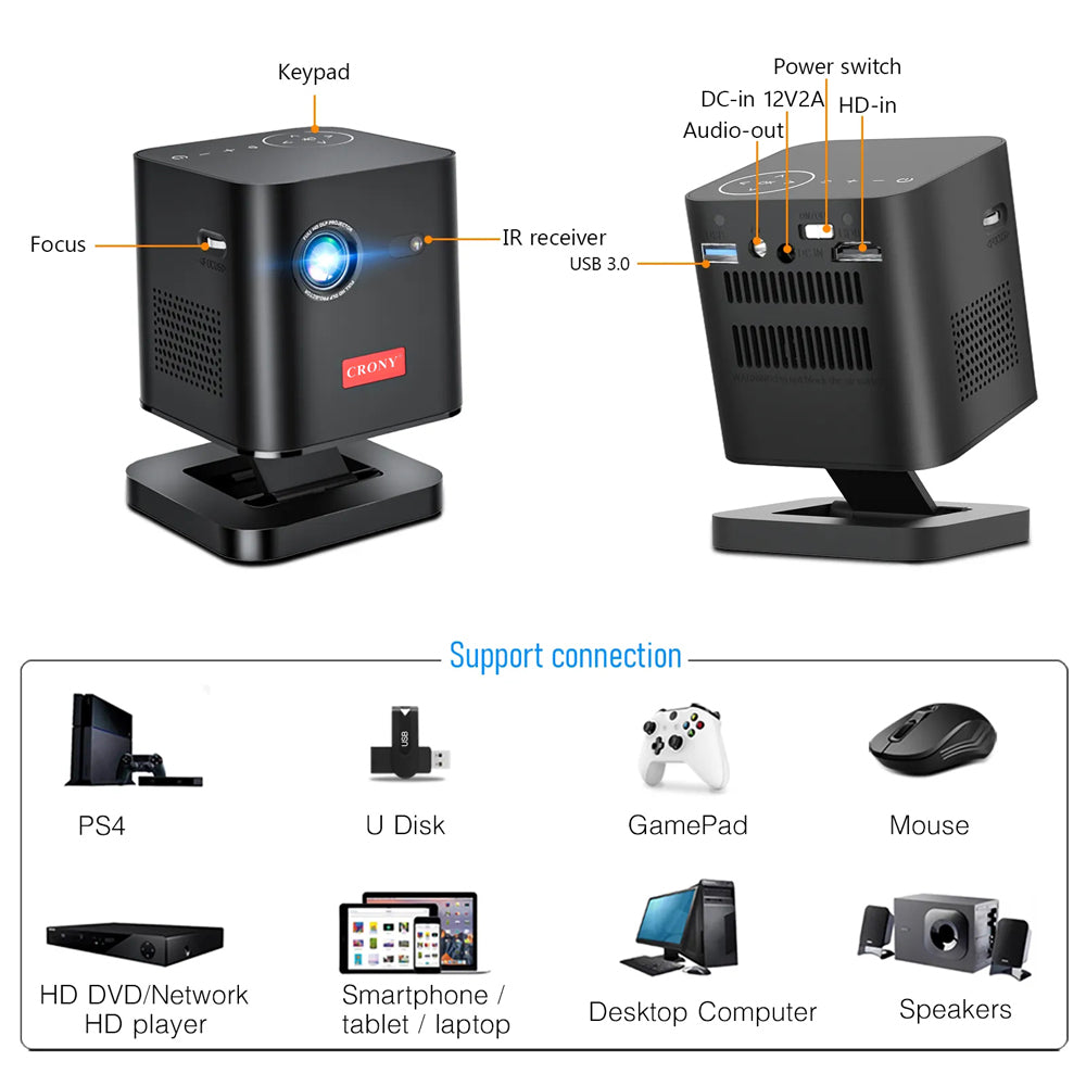 CRONY C1000 جهاز عرض مستقيم ثلاثي الأبعاد مع مكبر صوت BT 1080p واي فاي ذكي Led Dlp جهاز عرض فيديو مع بطارية